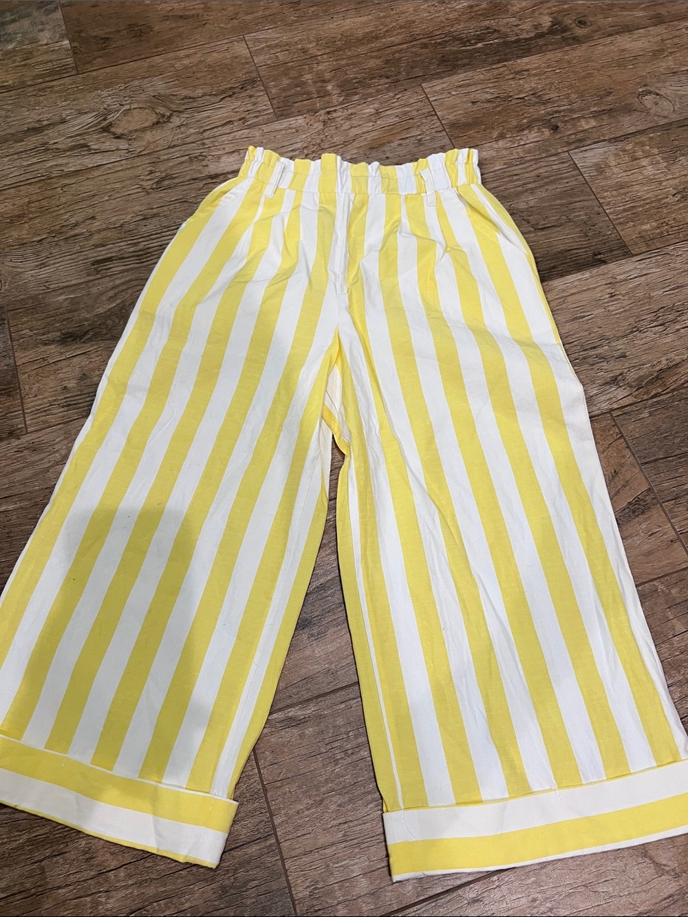 Kids Yellow & White Striped Cropped Wide-Leg  Pants